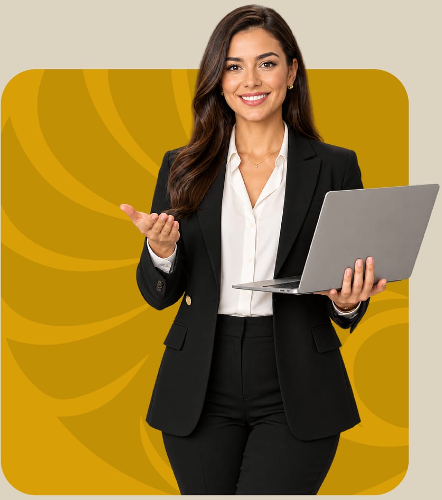 Consultora da Bargeld segurando um notebook
